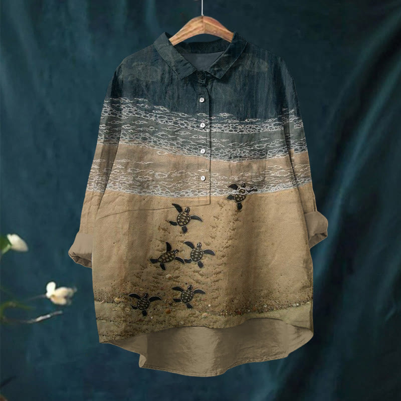 Baby Sea Turtles Beach Fiber Art Print Casual Lapel Blouse