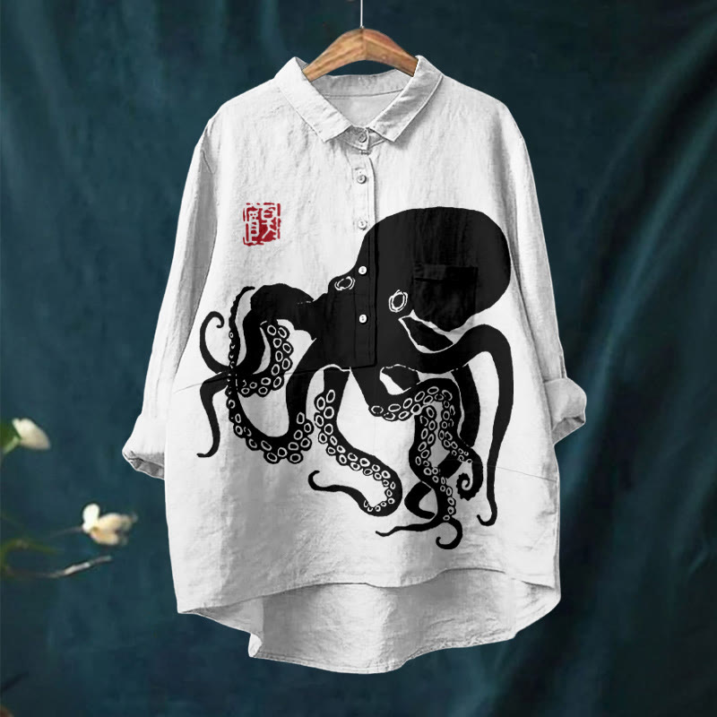 Octopus Japanese Lino Art Vintage Print Casual Lapel Blouse
