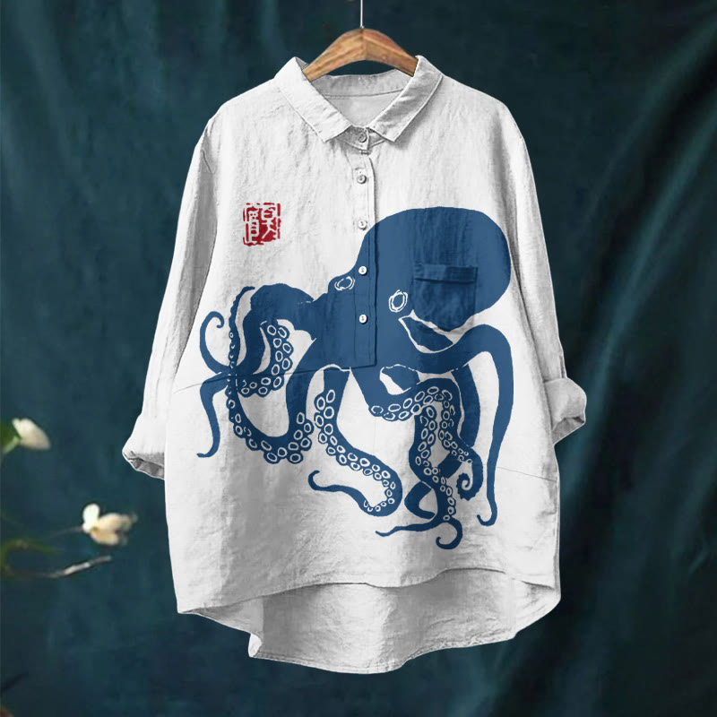 Octopus Japanese Lino Art Vintage Print Casual Lapel Blouse