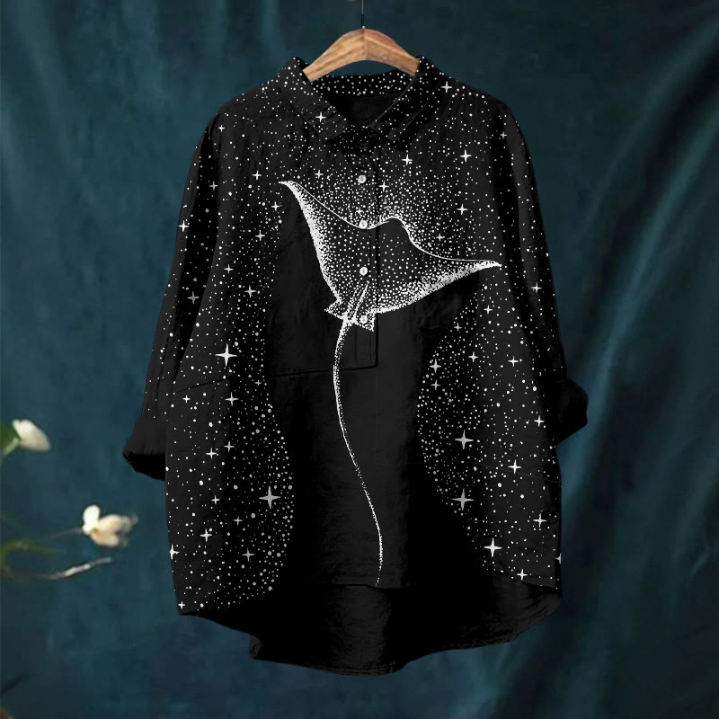 Starry Spotted Eagle Rays Print Casual Lapel Blouse