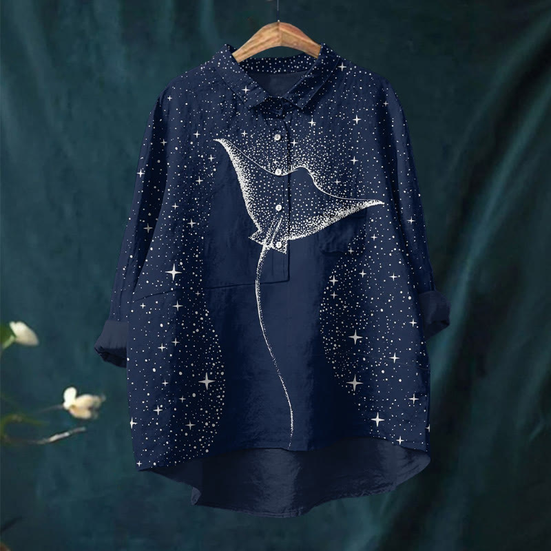 Starry Spotted Eagle Rays Print Casual Lapel Blouse