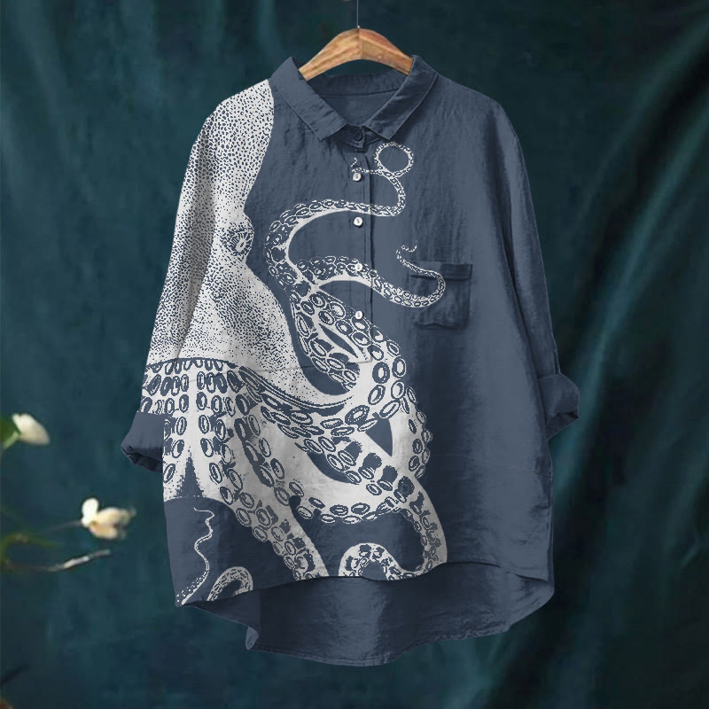 Japanese Art Octopus Graphic Print Casual Lapel Blouse