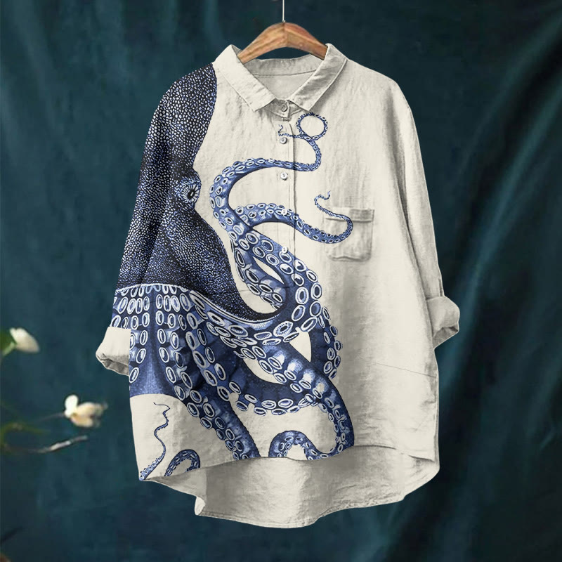 Japanese Art Octopus Graphic Print Casual Lapel Blouse