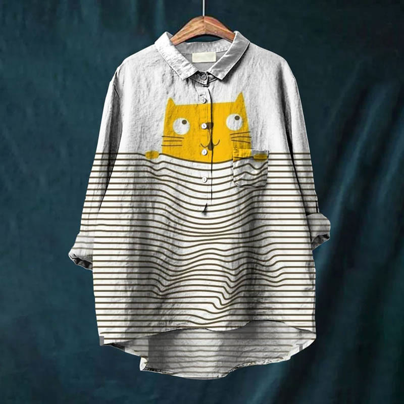 Women's Lovely Daydreaming Cartoon Cat Art Print Casual Lapel Blouse - Khaki - 6XL - image 1