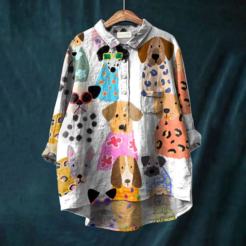 Women's Oil Painting Multiple Pet Dogs Paradise Art Print Casual Lapel Blouse - White - 6XL - image 1