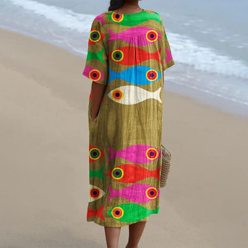 Cute Colorful Bigeye Fish Watercolor Splash Fluid Art Printed Short-sleeved Midi Dress - image 2