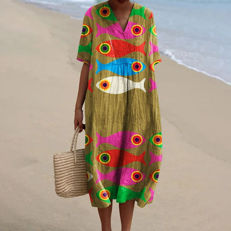 Cute Colorful Bigeye Fish Watercolor Splash Fluid Art Printed Short-sleeved Midi Dress - Khaki - 6XL - image 1