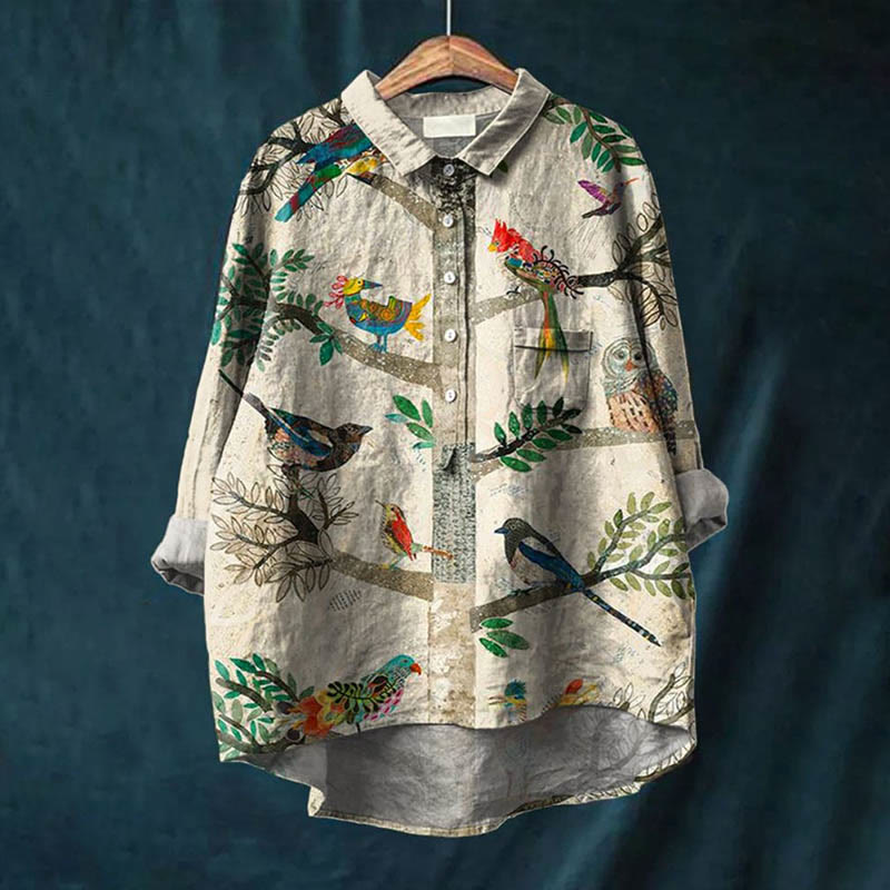 Women's Oil Painting Colorful Parrot On The Tree Art Print Casual Lapel Blouse - Khaki - 6XL - image 1