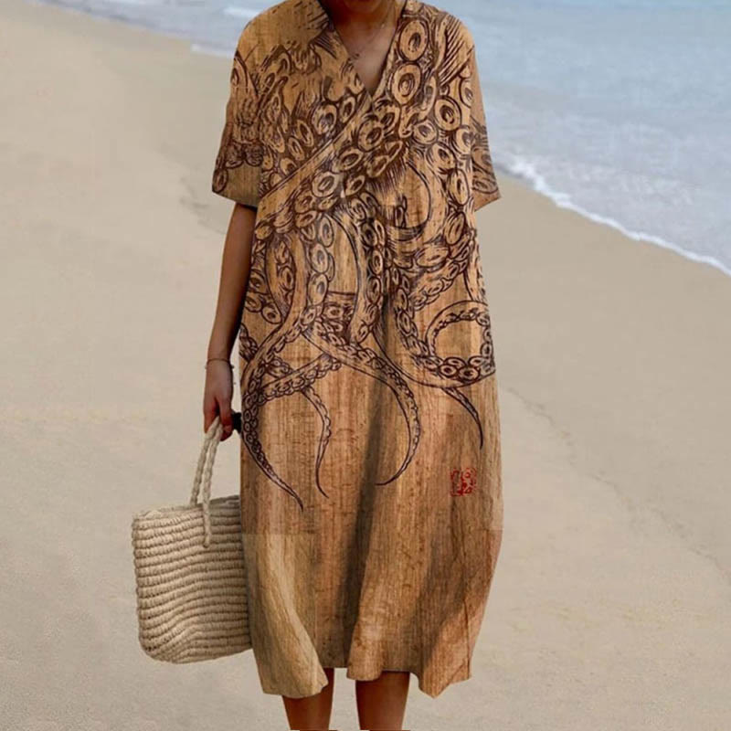 Women's Vintage Abstract Octopus Tentacles Art Printed Short-sleeved Midi Dress - Coffee - 5XL - image 1