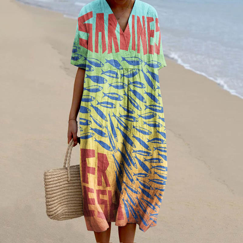Women's Ombre Fresh Sardines School Art Printed Short-sleeved Midi Dress - Multicolor - 5XL - image 1