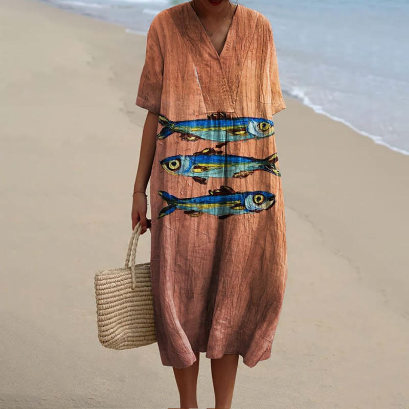 Women's Funny Watercolor Sardine Fish Art Printed Short-sleeved Midi Dress - Apricot - 5XL - image 1
