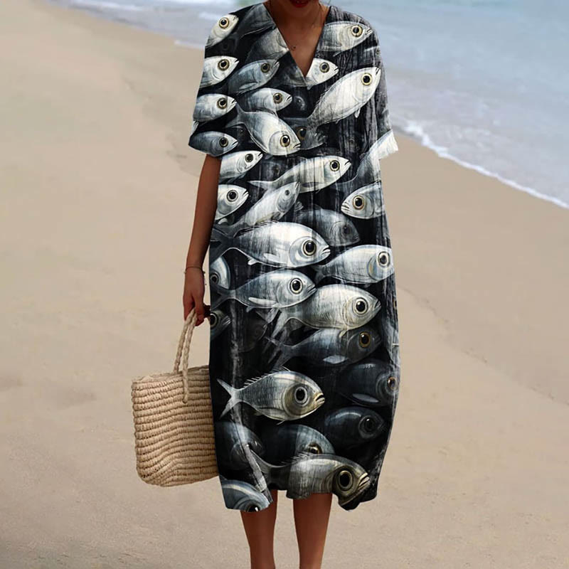 Women's Abstract Crystal Fish Graffiti Art Printed Short-sleeved Midi Dress - Black - 5XL - image 1