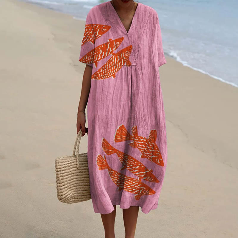 Women's Lucky Red Koi Fish Art Printed Short-sleeved Midi Dress - Pink - 5XL - image 1