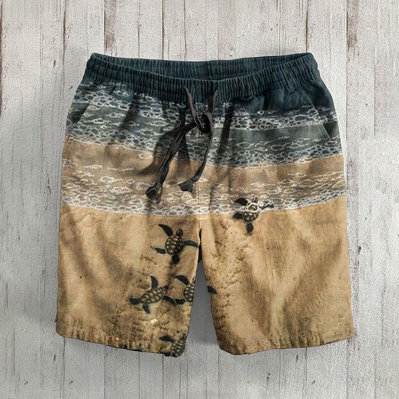 Ocean World Turtles Art Print Casual Shorts - Khaki - 5XL - image 1