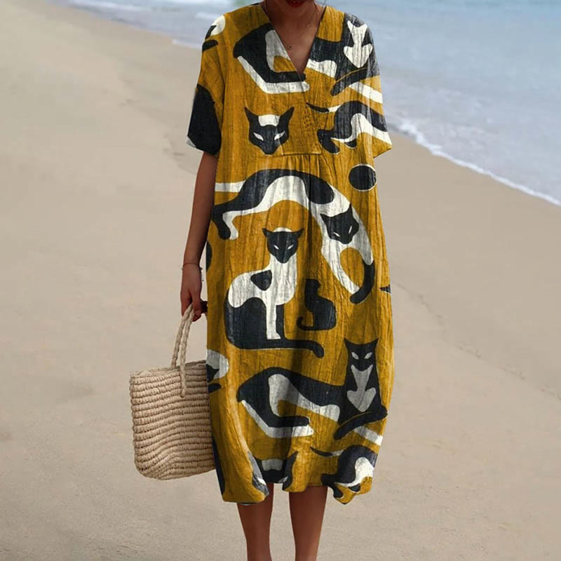 Women's Various Shapes Of Abstract Siamese Cat Art Printed Short-sleeved Midi Dress - Coffee - 5XL - image 1