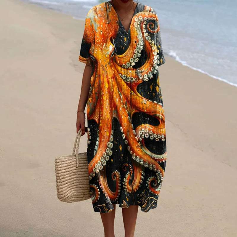 Women's Fantasy Sparkling Octopus Art Printed Short-sleeved Midi Dress - Orange - 5XL - image 1