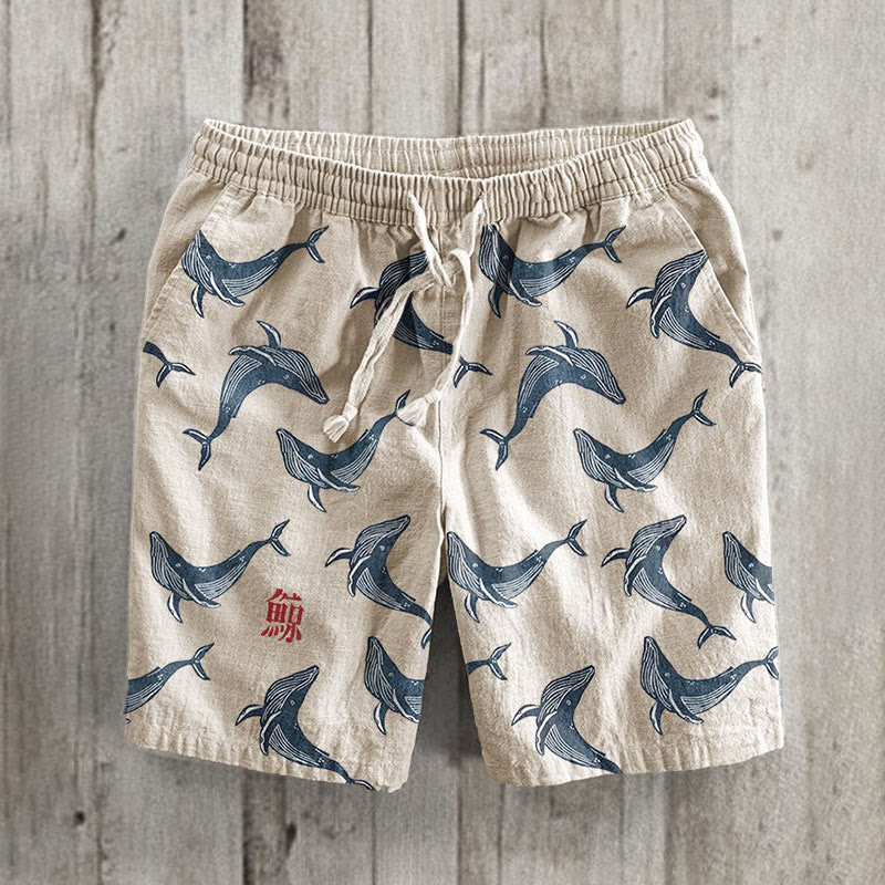 Japanese Art Whales Print Casual Shorts - Khaki - 5XL - image 1