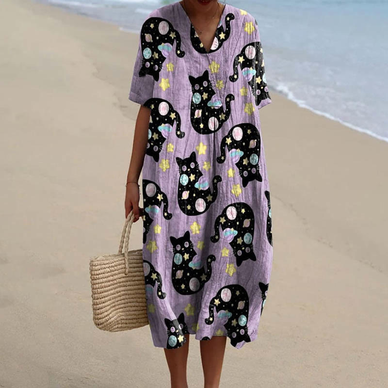 Women's Creative Star Moon Cat Art Printed Short-sleeved Midi Dress - Light Purple - 5XL - image 1