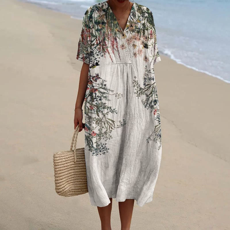 Women's Summer Simple Landscape Painting Art Printed Short-sleeved Midi Dress - Khaki - 5XL - image 1