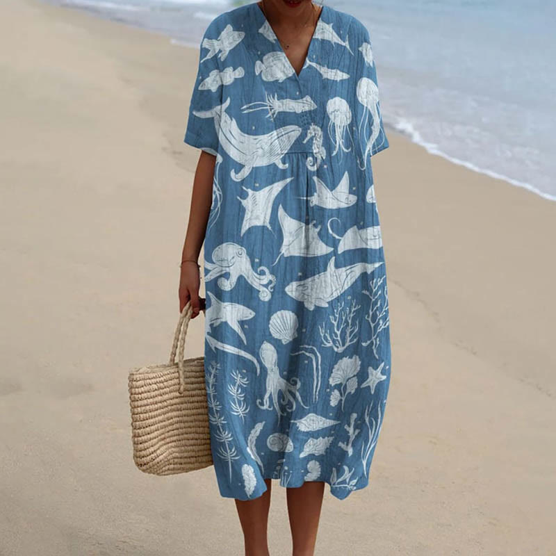 Women's Underwater Ocean Animals World Art Printed Short-sleeved Midi Dress - Blue - 5XL - image 1