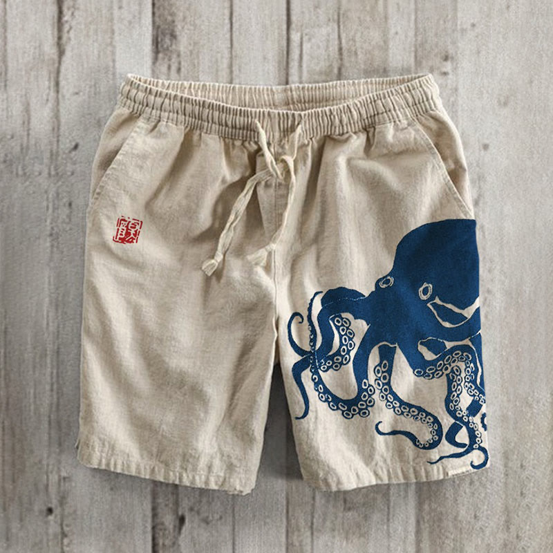 Octopus Japanese Lino Art Print Cozy Shorts - Blue - 5XL - image 1