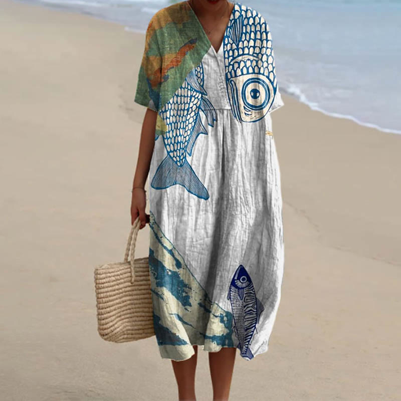 Women's Japanese Style Abstract Big Eye Fish Art Printed Short-sleeved Midi Dress - Khaki - 5XL - image 1