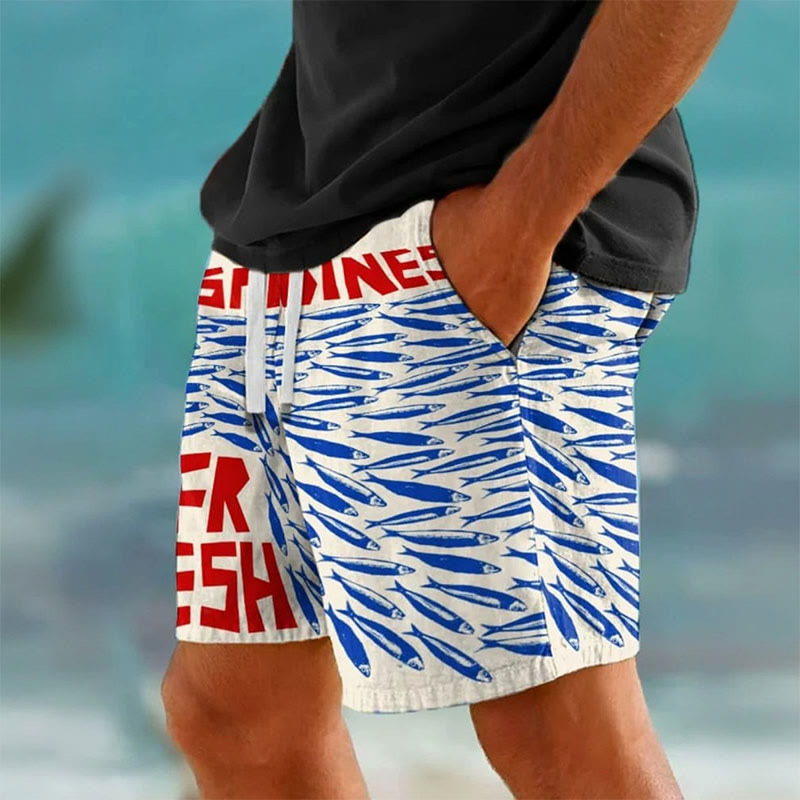 Men's Vintage Fish Sardines Art Print Casual Shorts - Apricot - 5XL - image 1