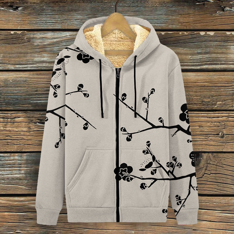 Women's Ink Watercolor Painting Abstract Pear Blossom Fleece Jacket - Khaki - 4XL - image 1