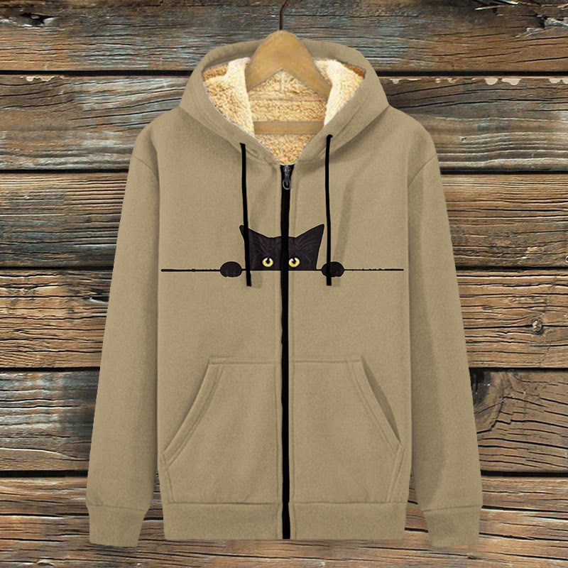 Women's Funny Peeping Little Cat Art Fleece Jacket - Khaki - 4XL - image 2