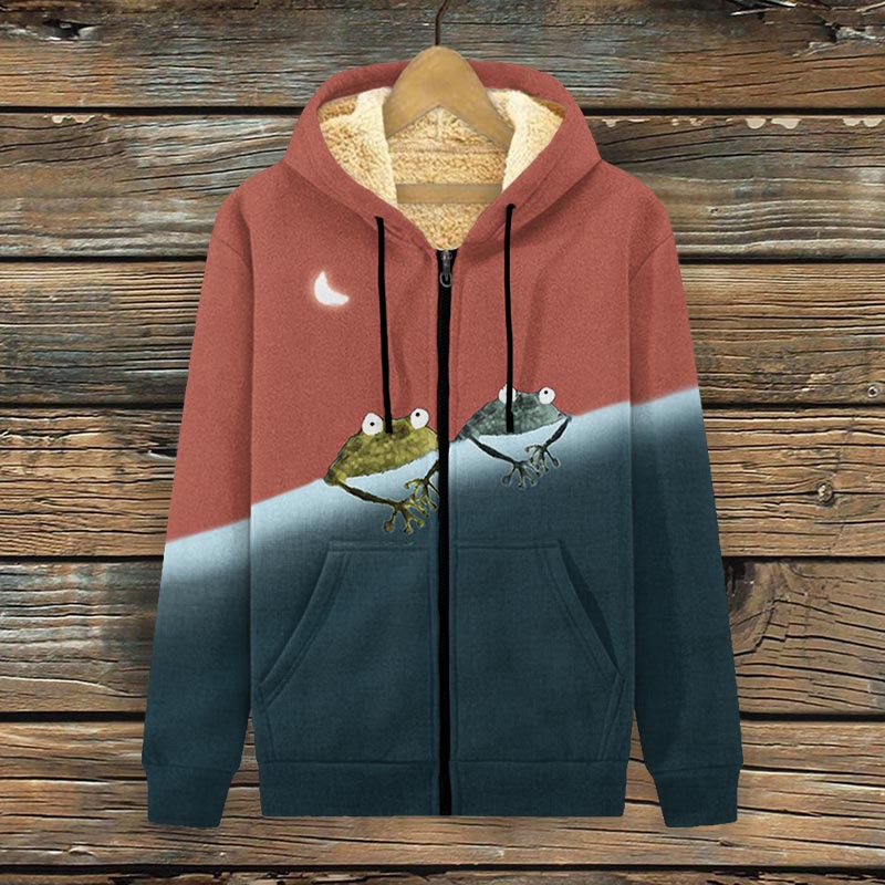 Simple Frog Color Block Print Fleece Jacket - Red - 4XL - image 3