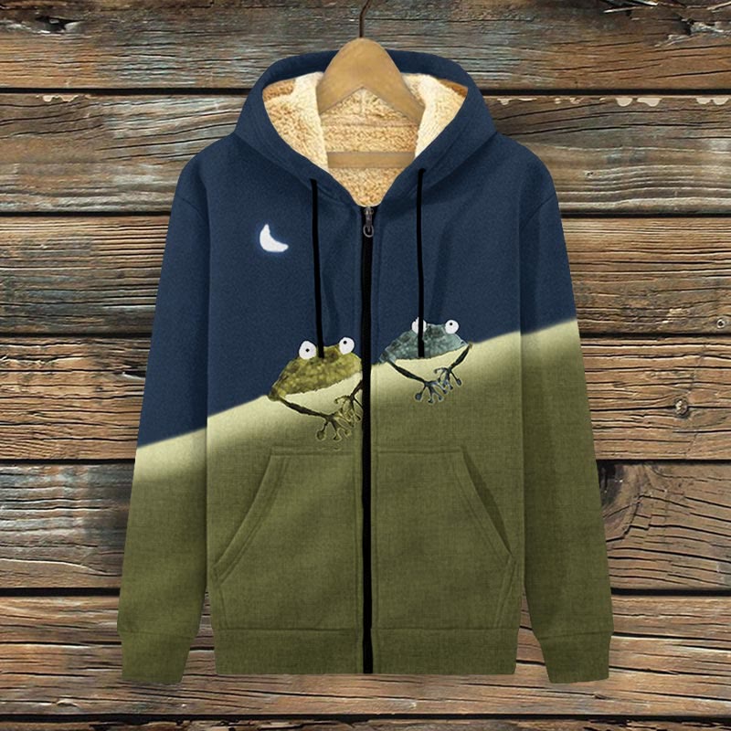 Simple Frog Color Block Print Fleece Jacket - Navy Blue - 4XL - image 1