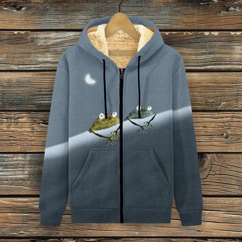 Simple Frog Color Block Print Fleece Jacket - Grey - 4XL - image 4