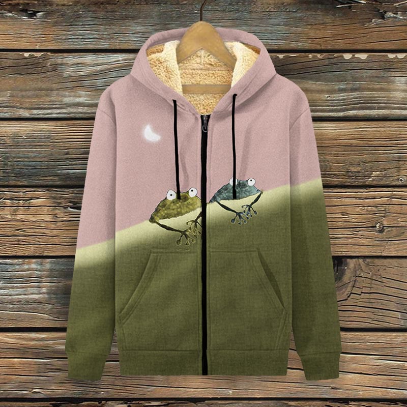 Simple Frog Color Block Print Fleece Jacket - Pink - 4XL - image 2