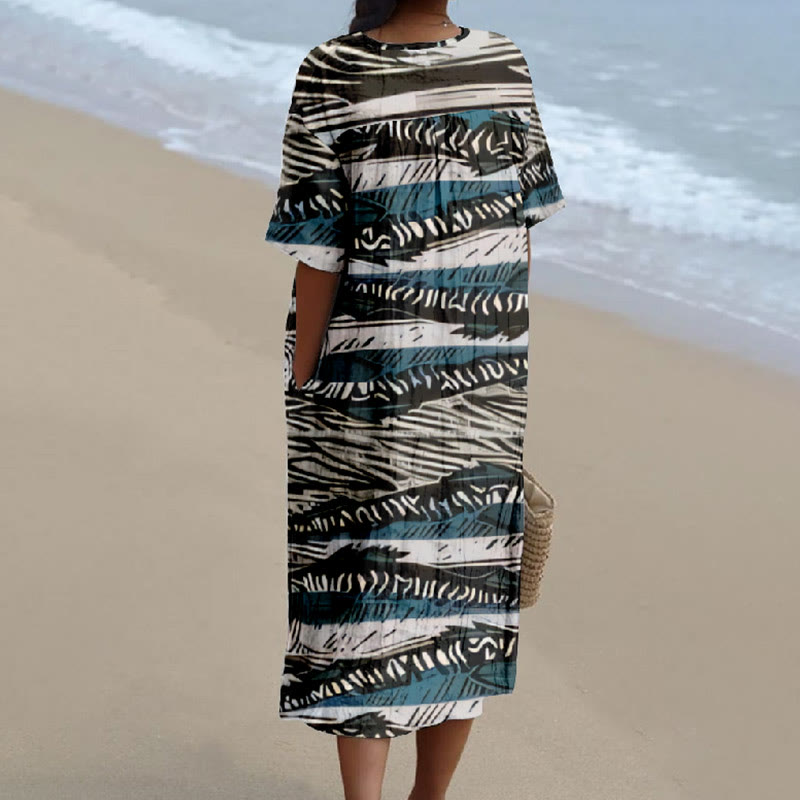 Women's Abstract Ocean Waves Art Printed Short-sleeved Midi Dress - image 2