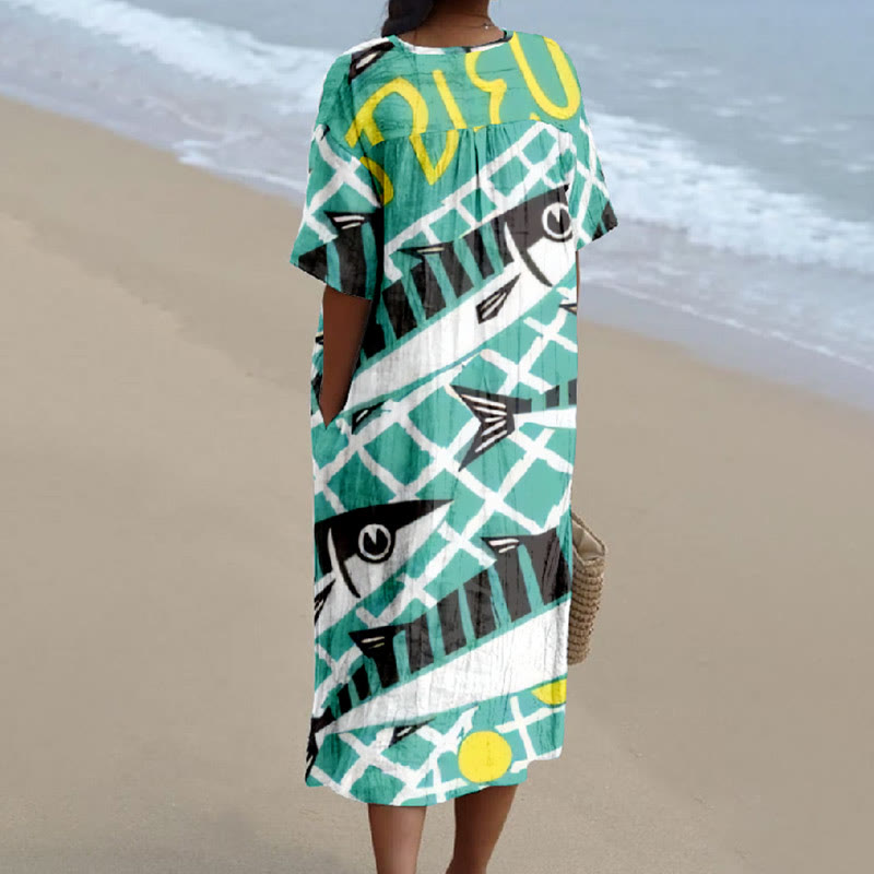 Women's Funny Abstract Cartoon Fish Art Printed Short-sleeved Midi Dress - image 2