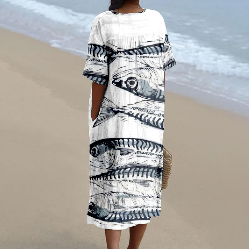 Women's Creative Sardine Fish Casual  Printed Short-sleeved Midi Dress - image 2