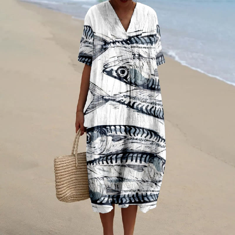 Women's Creative Sardine Fish Casual  Printed Short-sleeved Midi Dress - White - 5XL - image 1