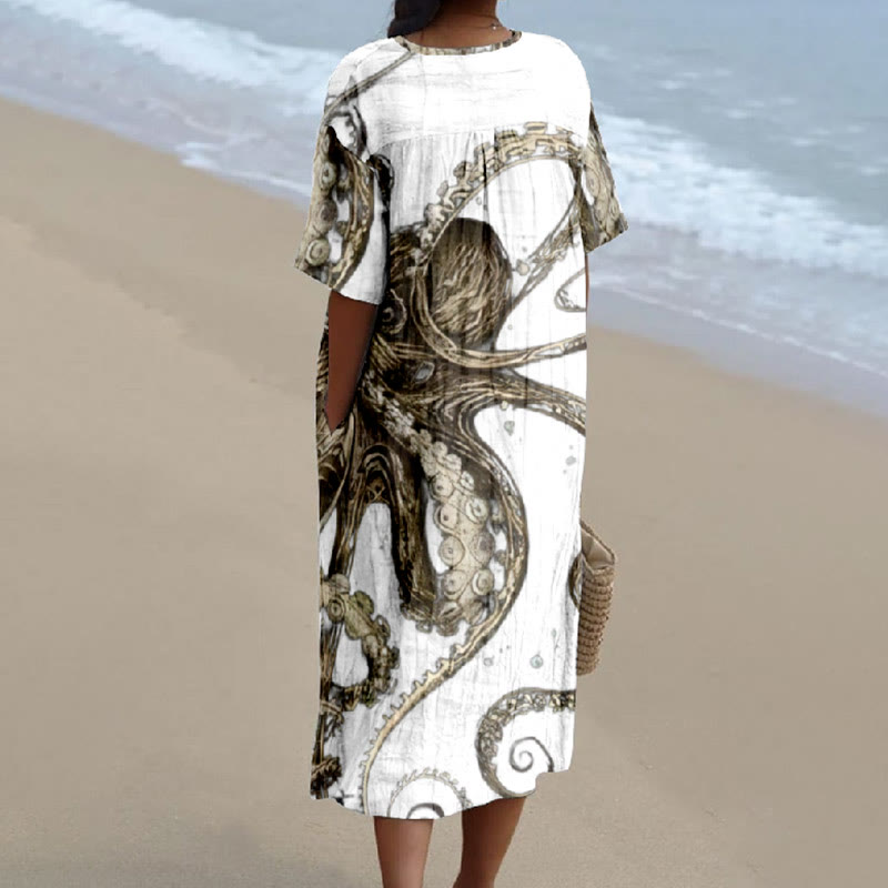 Women's Lovely Octopus Dancing Tentacles Art Printed Short-sleeved Midi Dress - image 2