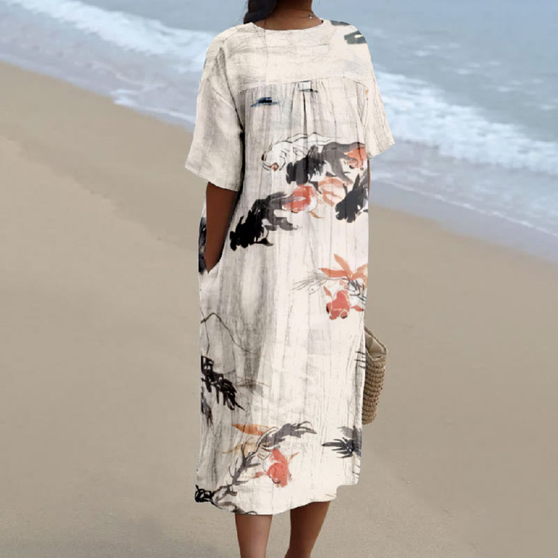 Women's Watercolor Painting Goldfish Art Printed Short-sleeved Midi Dress - image 2