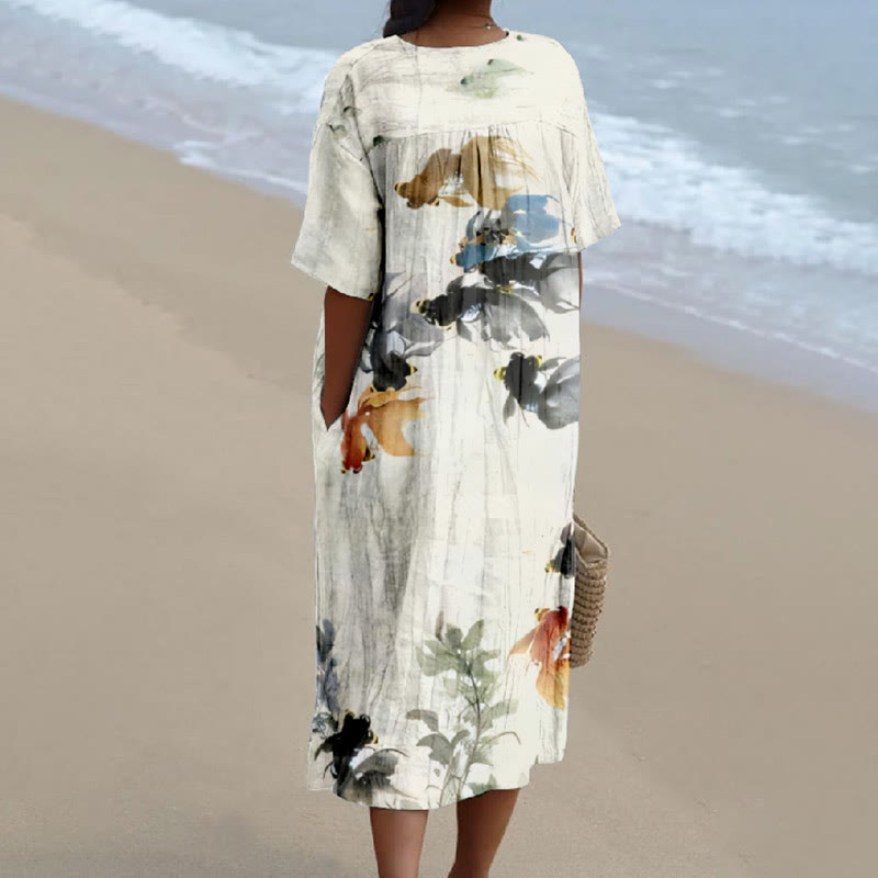 Women's Oil Painting Colorful Goldfish Art Printed Short-sleeved Midi Dress - image 2