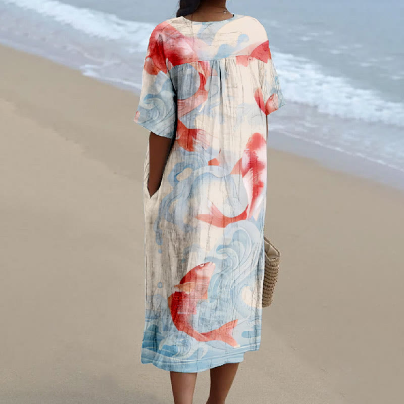Women's Lucky Red Koi Carp Art Printed Short-sleeved Midi Dress - image 2