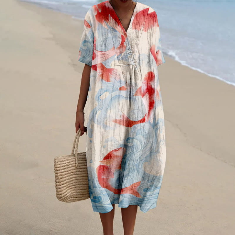 Women's Lucky Red Koi Carp Art Printed Short-sleeved Midi Dress - Khaki - 5XL - image 1