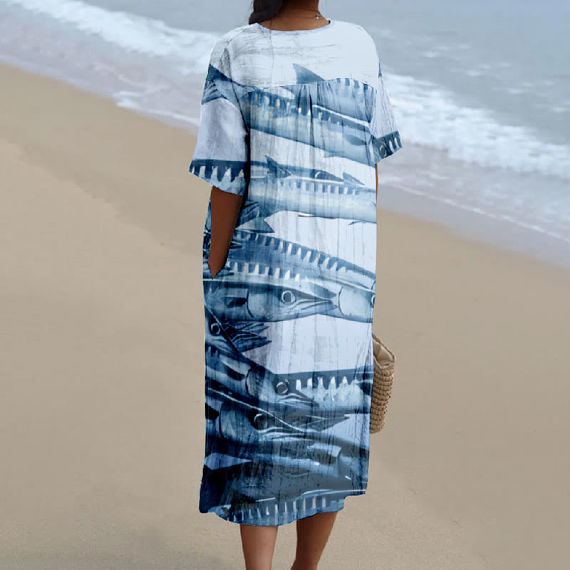 Women's Vintage Funny Fish School Art Printed Short-sleeved Midi Dress - image 2