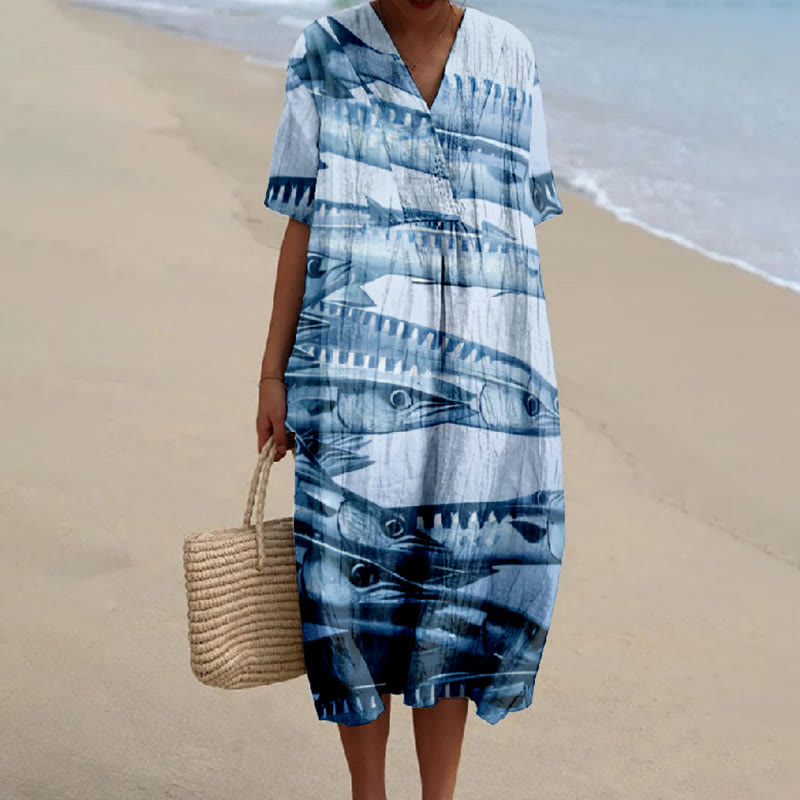 Women's Vintage Funny Fish School Art Printed Short-sleeved Midi Dress - Blue - 5XL - image 1