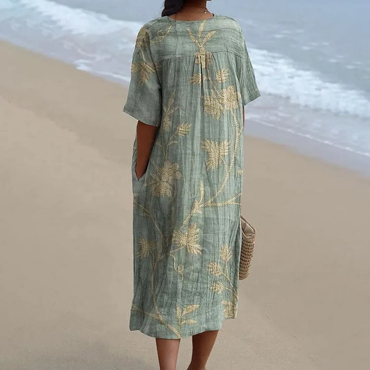 Women's Retro Floral Print Short-sleeved Midi Dress - image 2