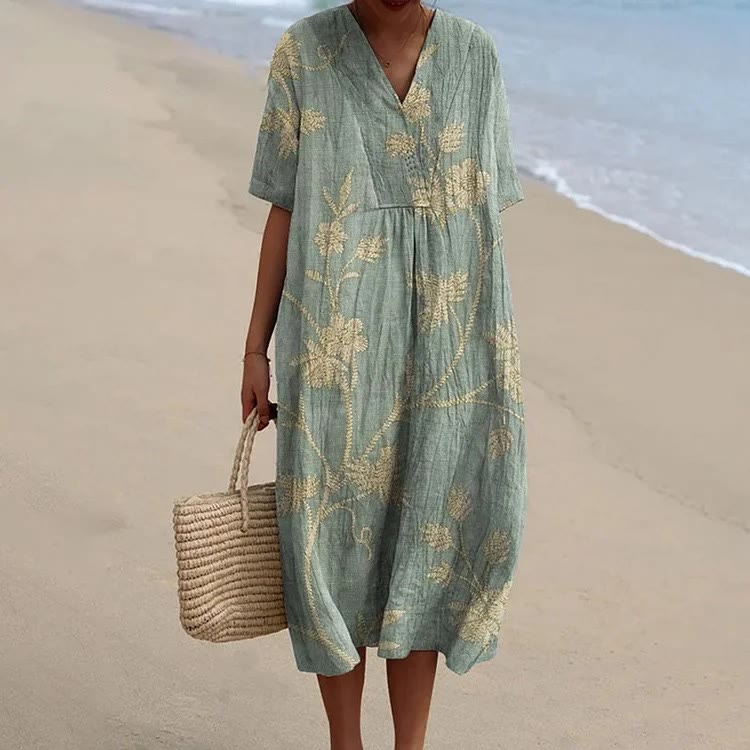 Women's Retro Floral Print Short-sleeved Midi Dress - Green - 6XL - image 1