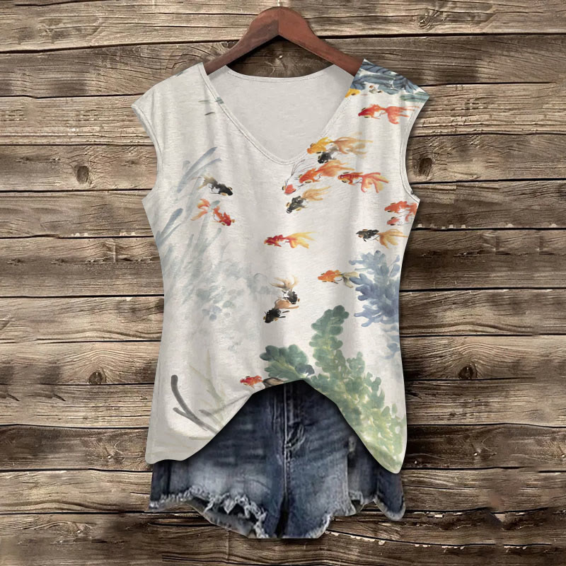 Women's Watercolor Goldfish Art  Print Women's Casual V-neck Tank Top