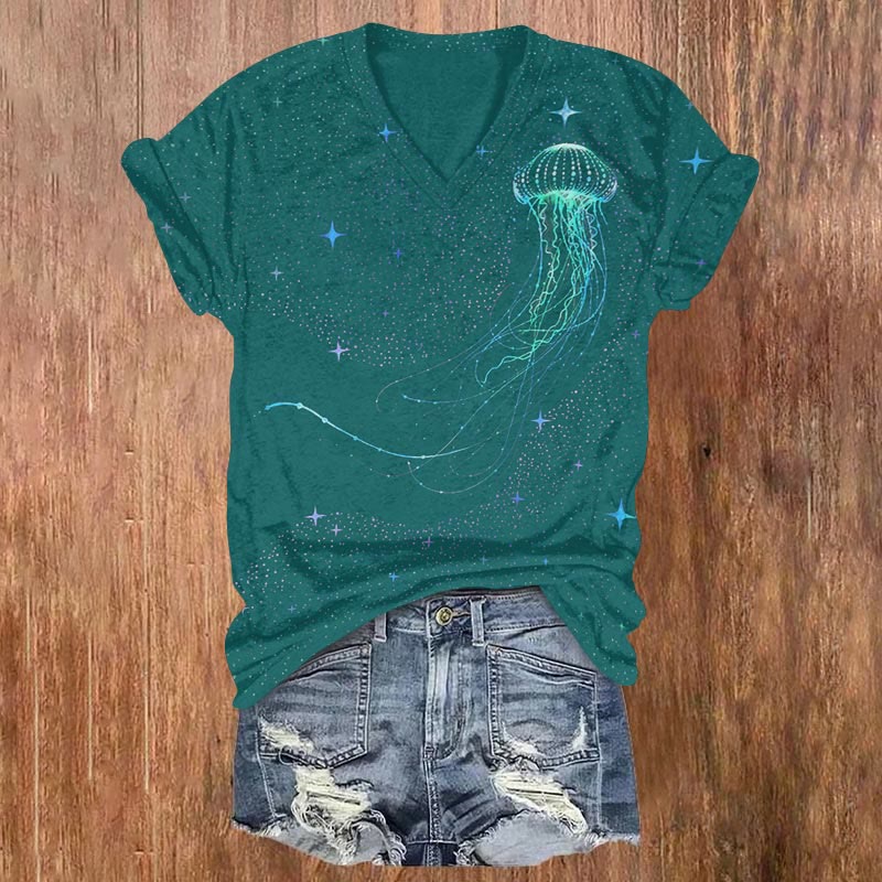 Colorful Starry Sky Jellyfish Print V-neck T-shirt
