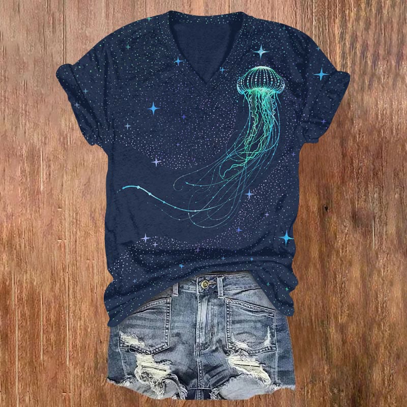 Colorful Starry Sky Jellyfish Print V-neck T-shirt