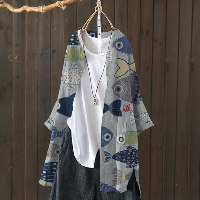 Vintage Fish Japanese Art Print Cardigan